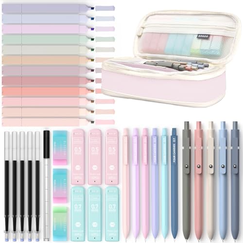Four Candies 39 PCS Aesthetic School Supplies with Cute Pen Case, 12 Pastel Highlighters, 5 Black Ink Gel Pens, 6 Mechanical Pencils Set 0.5 & 0.7 mm for Students Stationary College Essentials (Pink) - Pink
