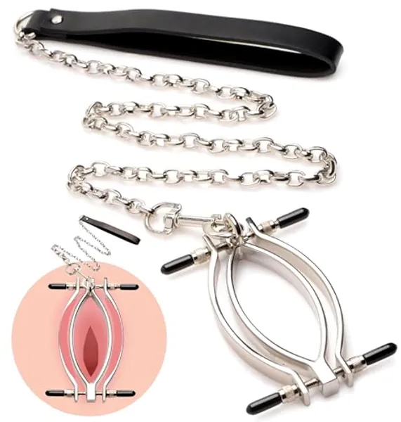 Master Series Pussy Tugger Adjustable Labia Clamps Heavy Duty with Leash for Women Men & Couples, BDSM Bondage Restraint & Sex Accessories, Labia Spreader Clamps Kit