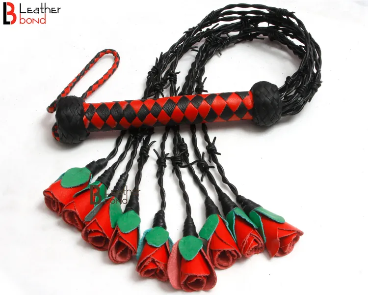 Real Genuine Cow Hide Leather Flogger 9 Braided Falls Heavy Roses & Thorny Cat-o-nine Tails Flog