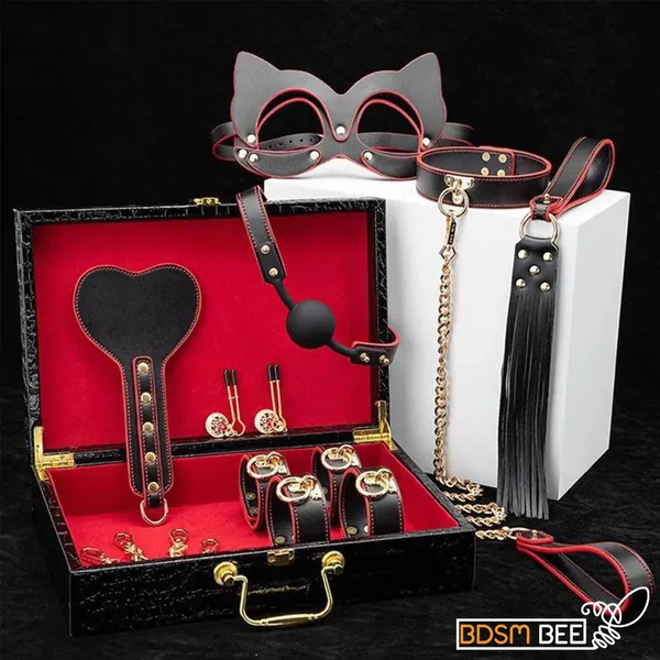 14 Pcs Leather Bondage, BDSM, Kit, Set, Handcuffs, Ankle Cuffs, Nipple Clamps, Collar, Ball Gag, Eyepatch, Tassel Paddle, Whip, Chains