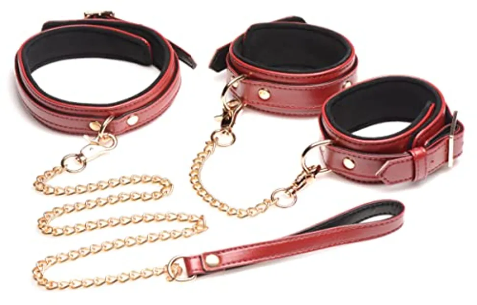 Master Series 6 Piece Burgundy Faux Leather Adult Sex Bondage Restraints Set for Women, Men, & Couples, Adjustable Wrist & Ankle Cuffs, Collar, & Leash with Connecting Chains, BDSM Kit - Black & Red