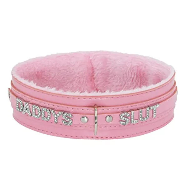 paloli Women Pink Leather Choker Necklace, Punk Gothic Black Fluffy Name Letters Collar Leash Neck Jewelry