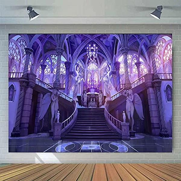EMTOBT 7x5ft Spiral Stairs Backdrop Ancient Palace Purple Color Arch Roof Elegant Status Flower Window Chandelier Background for Girls Lover Wedding Ceremony Kids Birthday Party Decoration BJWHEM2