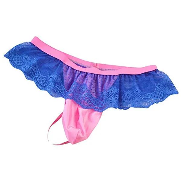 IBAKOM Men's Frilly Lace Trim Sissy Skirted Panties T-back G-string Thongs Briefs Girly Lingerie Crossdress Underwear