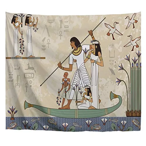 A.Monamour Ancient Egypt Banner Egyptian Hieroglyph And Symbol Anubis Ancient Egypt Boat Scene Murals Art Print Polyester Fabric Banners Wall Hanging Tapestry Window Curtain Art Decors