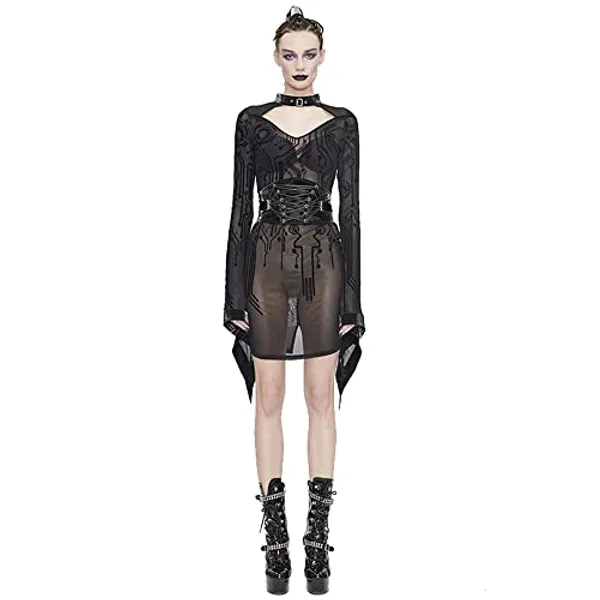 steel master Gothic Black Dress for Women Sexy Printed Mesh Perspective Leather Buckle Neck Nightclub Dress