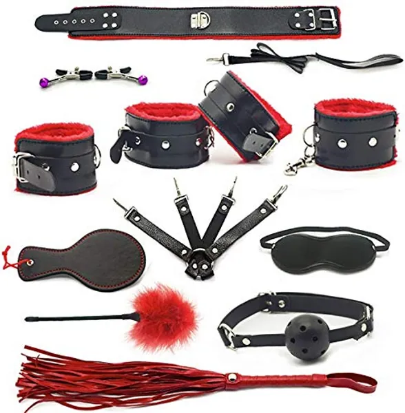 Bondage Handcuffs and Ankle Cuff Restraints for Sex Ball Gag Whip/Flogger Collar Leather Woman Adult Toy Sexy Kink Set
