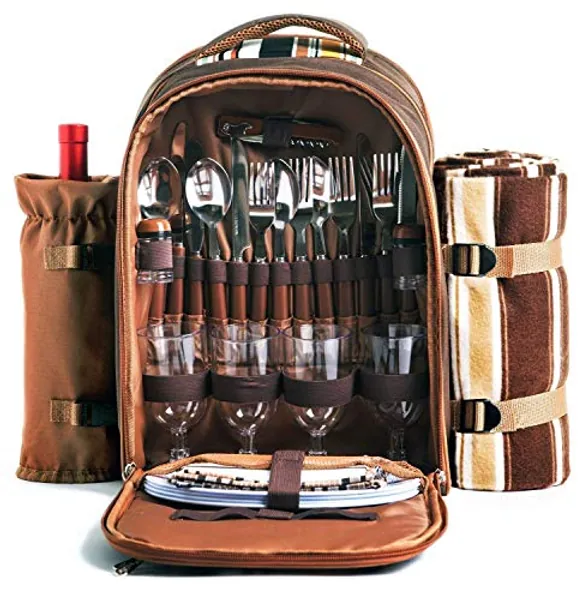 Hap Tim Picnic Backpack Bag for 4 Person with Cooler Compartment, Detachable Bottle/Wine Holder, Fleece Blanket, Plates and Cutlery Set Perfect for Outdoor, Sports, Hiking, Camping, BBQs(Coffee)