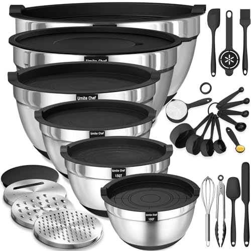 Umite Chef Mixing Bowls with Airtight Lids, 26Pcs Stainless Steel Bowls Set, 3 Grater Attachments & Black Non-Slip Bottoms Size 7, 4, 2.5, 2.0,1.5, 1QT, Great for Mixing & Serving - Black