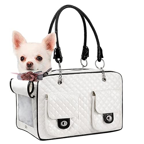 NewEle Fashion Pet Carrier, Small Dog Carrier, Cat Carrier, Quality PU Leather Dog Purse, Collapsible Portable Pet Carrying Handbag for Travel Walking Hiking - White - White