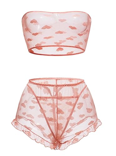 Pretishows Women's Lingerie Set Stretchy Lace Bandeau Bra Top Underwear with Shorts and Thong Size S-XXL - Large - Pink