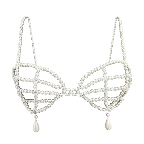 Artificial Pearls Bra Top Chest Bikini Halter Crop Top Body Chain Jewerly for Festival Party Top, Medium, Plastic, Pearl