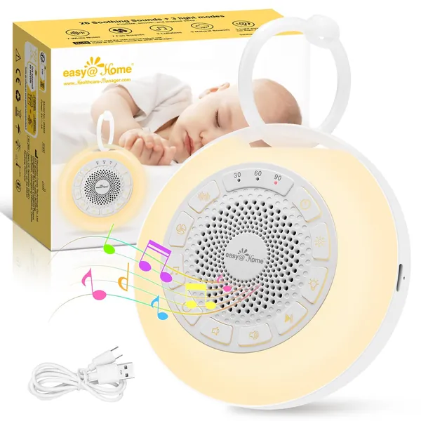 Bärbar White Noise Machine for Baby: Easy@Home 26 lugnande musikaliska ljud med nattljus för att hjälpa barn och vuxna att sova | 3 lägen och 7 ljusfärger | Timer | USB
