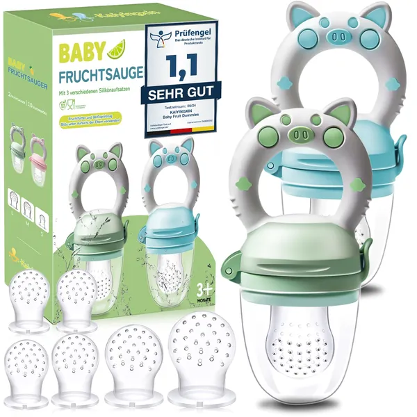 Fruktsugare för baby, 2 stycken fruktnappar för spädbarn från 3 månader, uppgraderad version, napp för fyllning, pulsdammsugare, fruktnapp för baby, BPA-fri, 8 silikonnappar i 3 storlekar