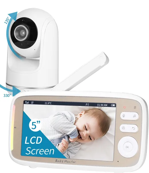 Zawaer babyvakt, babyvakt med kamera 5'' 720P HD,video babymonitor kamera och audio baby monitor med Vox funktion, PTZ 330°/135°, 3×zoom, 2,4 GHz intercom funktion, mörkerseende,temperaturövervakning