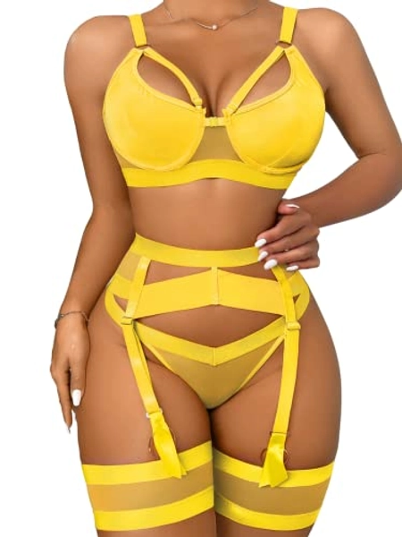 Garter Lingerie for Women,Sexy Lace Lingerie,Sheer Matching 4 Piece Lingerie Set