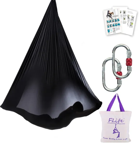 Aerial Yoga Hammock 5.5 yards Premium Aerial Silk Fabric Yoga Swing for Antigravity Yoga Inversion Include Daisy Chain ,Carabiner and Pose Guide - black