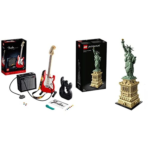 LEGO 21329 Ideas Fender Stratocaster, DIY-Gitarren-Kit, Musikinstrument für Erwachsene mit Gitarren-Zubehör & 21042 Architecture Freiheitsstatue, Modell zum Bauen, New York Souvenir