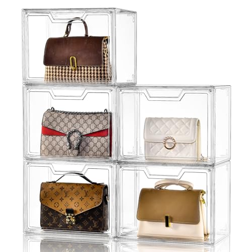 Stebopum Purse Organizer for Closet,Clear Acrylic Display Case for Handbag Organizer, Purse Storage Box with Magnetic Door, Dustproof Storage Bins for Book, Collectibles, Cosmetic (5 Pack) - 5Pack-Clear