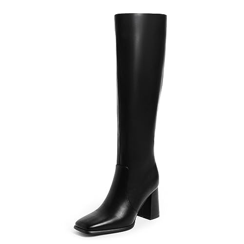 Modatope Knee High Boots Women Chunky Heel Square Toe Tall Boots for Women High Heel Side Zipper Long Boots - 8.5 - A-black