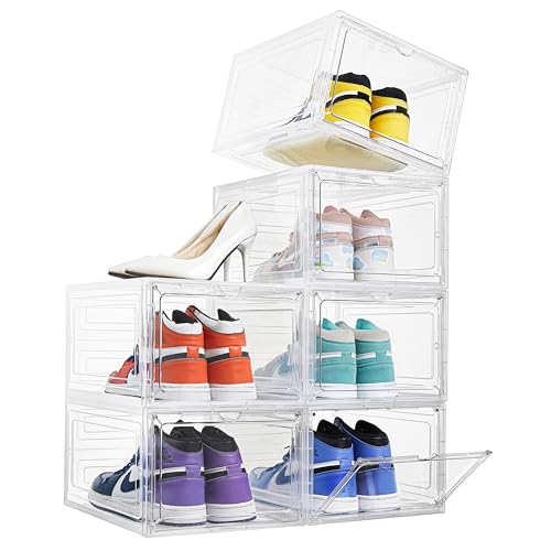 Attelite Drop Front Plastic Shoe Box with Clear Door,Set of 6,Stackable,For Display Sneakers,Easy Assembly,Fit up to US Size 12(13.4”x 10.6”x 7.4”) - Clear White - 6-pack-XL