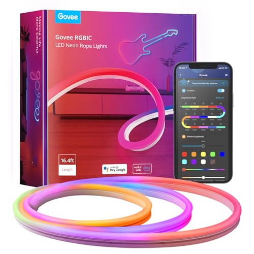 Govee RGBIC Neon Rope Light, 16.4ft LED Strip Lights, Music Sync, DIY Design, Works with Alexa, Google Assistant, Neon Lights for Gaming Room Living Bedroom Wall Christmas Decor (Not Support 5G WiFi) - 16.4ft