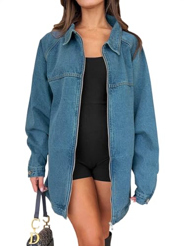 Tankaneo Womens Oversized Denim Jackets Casual Zip up Spring Long Sleeve Jean Jacket with Pocket - Small - Blue