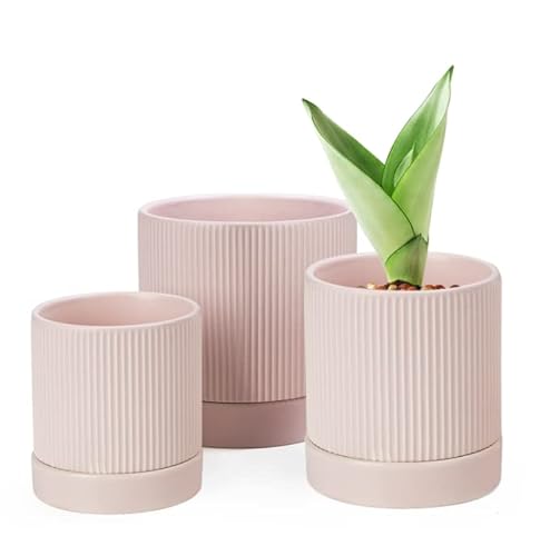 LaDoVita 3 Pack Ceramic Plant Pots 6/5/4 inch, Flowerpot for Indoor Plants with Drainage Holes and Tray, Outdoor Garden Planters, Modern Decorative for Home, Pink Vertical Stripes - Pink