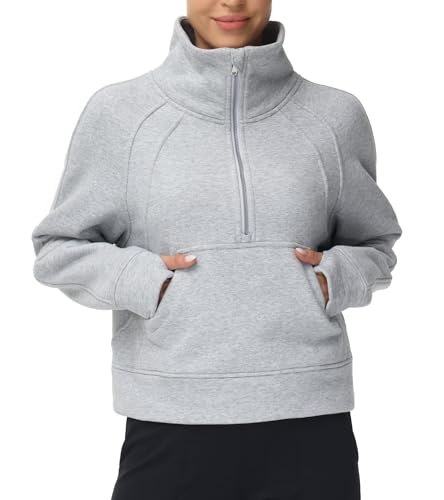 THE GYM PEOPLE Womens' Half Zip Pullover Fleece Stand Collar Crop Sweatshirt with Pockets Thumb Hole - Grey - Medium