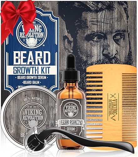 Beard Growth Kit - Oil, Balm, Serum, Derma Roller & Wooden Comb for Beard & Mustache Growth - Growth Kit