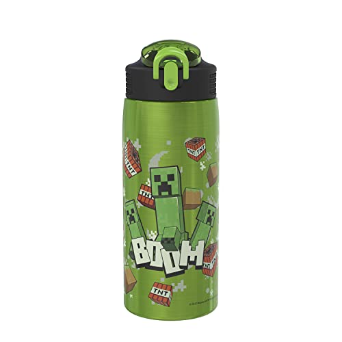 Zak Designs Minecraft Water Bottle for Travel and At Home, 19 oz Vacuum Insulated Stainless Steel with Locking Spout Cover, Built-In Carrying Loop, Leak-Proof Design (Creeper) - Minecraft