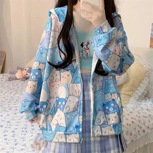 Kawaii Bear-Inspired Windbreaker Jacket for Pastel Fashion Lovers - Blue / L