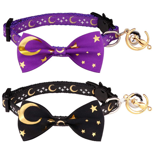 2 PCS Breakaway Cat Collar with Bow Tie and Bell Golden Moon Glowing Star in The Dark for Kitten - Black & Purple