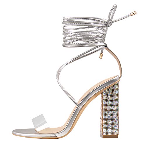 Richealnana Women's Rhinestones Block Heel Lace Up Ankle Wrap Heeled Sandals - 5 Silver