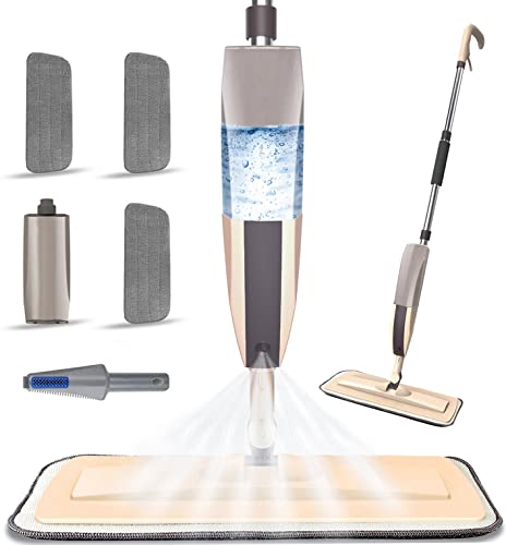 Microfiber Spray Mop for Floor Cleaning, Dry Wet Wood Floor Mop with 3 pcs Washable Pads, Handle Flat Mop with Sprayer for Kitchen Wood Floor Hardwood Laminate Ceramic Tiles Dust - Brown - 1 Count (Pack of 1)