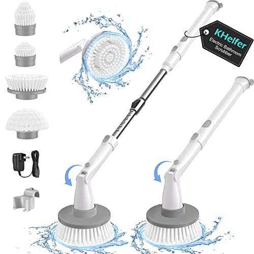 kHelfer Electric Spin Scrubber, KH8W 2023 New Cordless Shower Scrubber with 4 Replacement Head, 1.5H Bathroom Scrubber Dual Speed, Shower Cleaning Brush with Extension Arm for Bathtub Grout Tile Floor - Pearl White