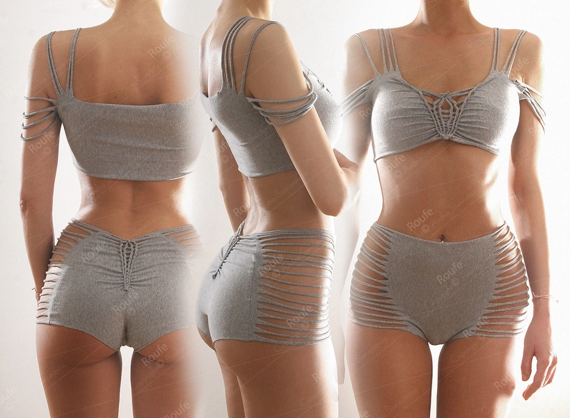 Cotton jersey strappy sleeve top and high waist panties set.