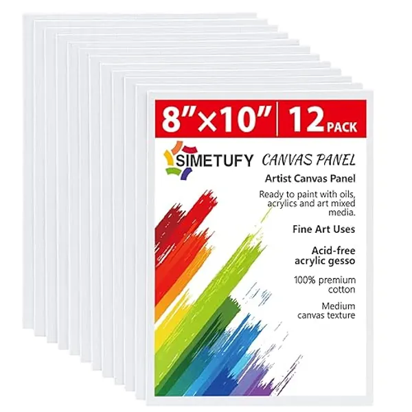 Simetufy Canvas for Painting 12 Pack 8x10 Canvas Boards for Painting, Blank Canvas Panels Art Painting Supplies - Gesso Primed 100% Cotton Paint Canvases for Acrylic Oil Watercolor Tempera