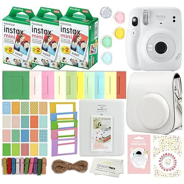 Fujifilm Instax Mini 11 Instant Camera with Case, 60 Fuji Films, Decoration Stickers, Frames, Photo Album and More Accessory kit … (Ice White)