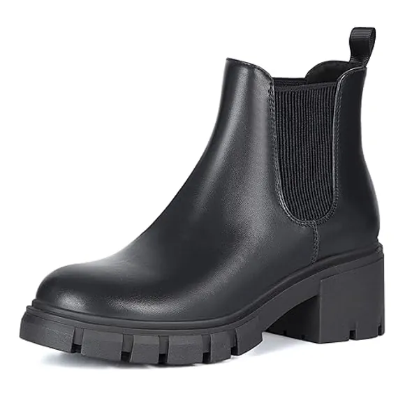 Athlefit Women's Chelsea Boots Fashion Lug Sole Chunky Heel Slip on Elastic Ankle Booties