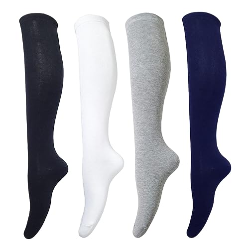 Tom & Mary Women's Cotton Knee High Socks - Casual Solid Colors Fashion Socks 4 Pairs (Women’s Shoe Size 5-9)