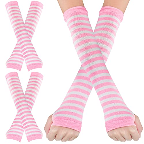 2 Pairs Punk Gothic Rock Long Arm Warmers Knit Fingerless Gloves Thumb Hole Stretchy Goth Accessories Women Stripe Emo Gloves - Pink White