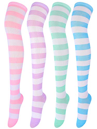 Aneco 4 Pairs Over Knee High Stripe Socks Stripe Thigh High Socks Cosplay Accessories for Woman Girls - One Size - Mixed Rainbow Colors