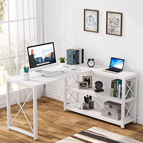 Tribesigns Reversible Industrial L-Shaped Desk with Storage Shelves, Corner Computer Desk PC Laptop Study Table Workstation for Home Office Small Space (White, 53") - 53" - White