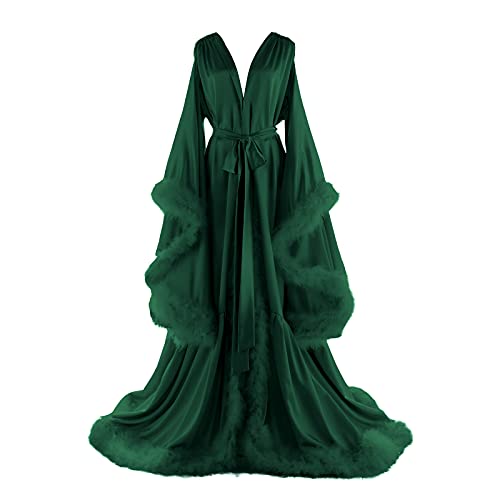Daily Life Mall Women's Feather Bridal Robes Old Hollywood Maternity Photoshoot Nightgown Silk Bathrobe Long Lingerie - Medium - O-green