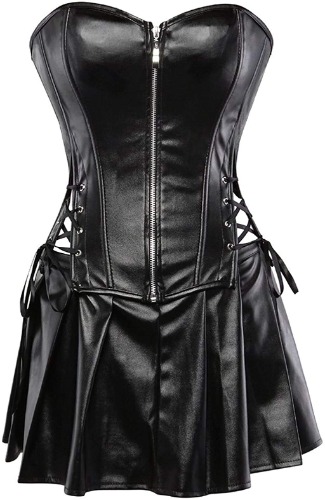 Blidece Women's Punk Rock Faux Leather Steampunk Corset Set Retro Goth Overbust Steel Bustier with Skirt - Medium Black