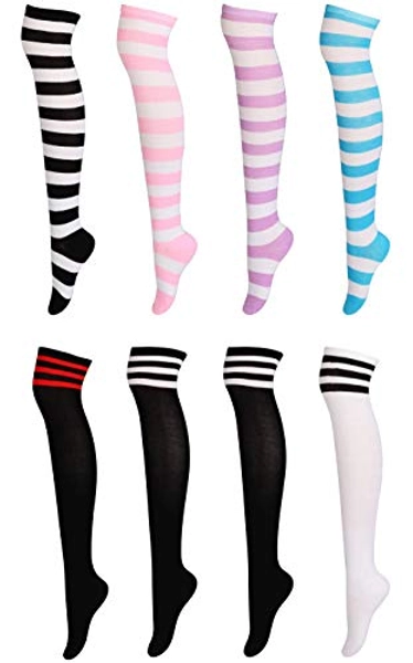 FIBO STEEL 6-9 Pairs Long Thigh High Socks for Women Striped Knee High Leg Warmers