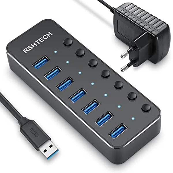 RSHTECH USB Hub Aktiv 3.0 mit Netzteil, Aluminium USB 3.0 mit 7 USB 3.0 Ports, Verteiler zum Laden und zur Datenübertragung, mit 10W(5V/2A) Netzteil und Einzelnen Schalter, RSH-518-2