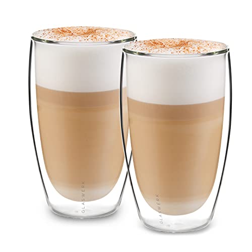 GLASWERK Design Latte Macchiato Gläser doppelwandig (2 x 450ml) Cappuccino Tassen - aus Borosilikatglas - Spülmaschinenfeste Teegläser Kaffeetassen Set - Thermogläser - 2er Set - 450 ml