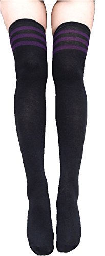 krautwear® Damen Mädchen Extra Lange Strümpfe Überknie Kniestrümpfe Overknee Lange Gestreifte Cheerleader Kniestrümpfe Streifen - Einheitsgröße Große Größen - Schwarz-lila
